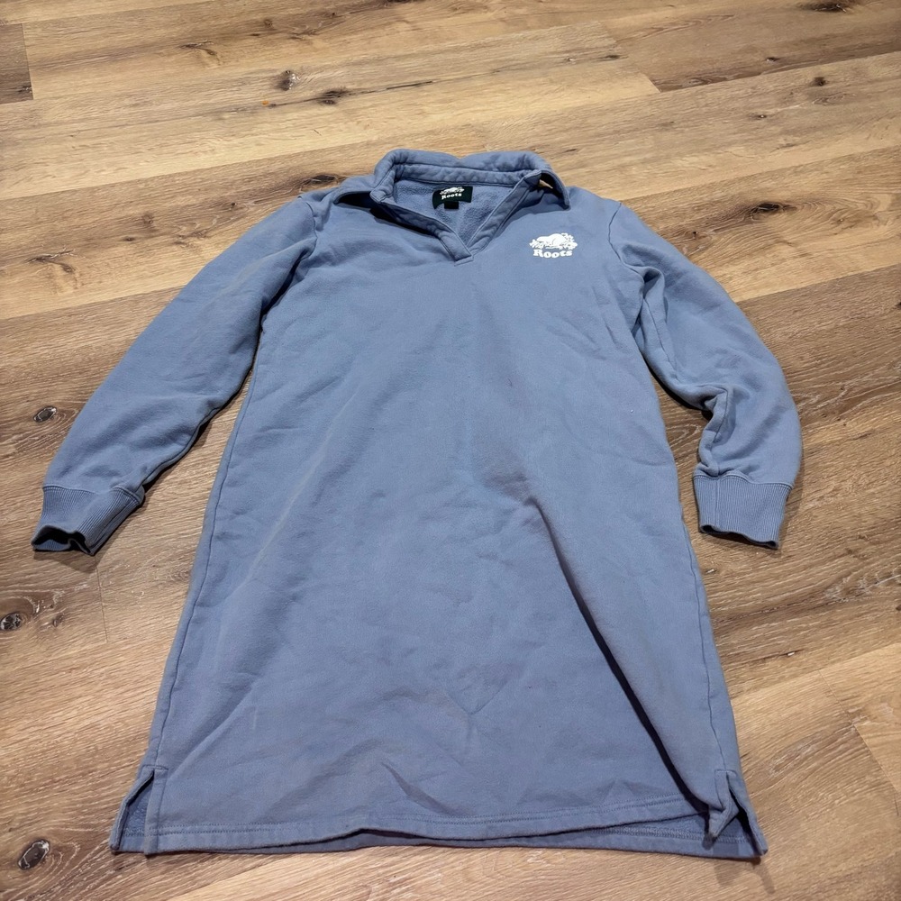 Roots Womens Blue Long Sleeve Fleece Sweatshirt Dress Polo Collar Logo Small